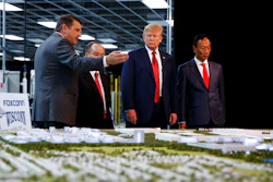 President Donald Trump, Foxconn chairman Terry Gou, right, and CEO of SoftBank Masayoshi Son in Mt. Pleasant, Wis., June 28, 2018.