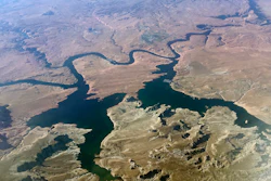 Aerial view of Lake Powell on the Colorado River along the Arizona-Utah border.