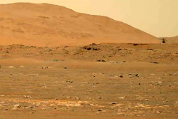 The Mars Ingenuity helicopter, right, flies over the surface of the planet, April 30, 2021.