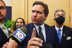 Florida Gov. Ron DeSantis responds to local TV reporter's question, MARC building, Florida International University, Miami, May 24, 2021.