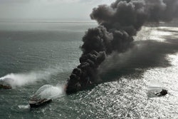 In this photo provided by Sri Lanka Air Force, smoke rises from the container vessel MV X-Press Pearl.