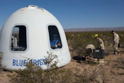 The first tourist to fly on a privately owned spaceship will ride in Blue Origin’s New Shepard Crew Capsule, seen here after a test flight in Texas.
