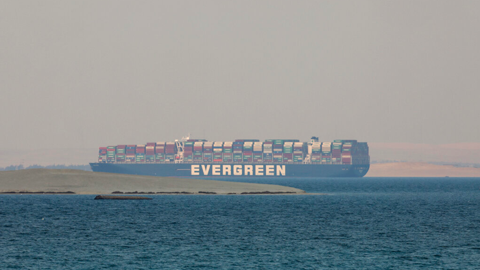 Panama-flagged cargo ship Ever Given anchored in Egypt's Great Bitter Lake, March 30, 2021.