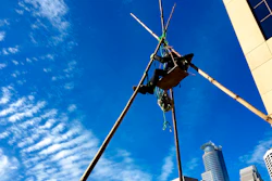 A protester suspended at the top of a tepee erected outside Wells Fargo in downtown Minneapolis during a protest against Enbridge Energy's planned Line 3 replacement crude oil pipeline, Oct. 4, 2018.