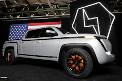 In this June 25, 2020 file photo, the electric Endurance pick-up truck at Lordstown Motors Corporation is shown, in Lordstown, Ohio. Lordstown Motors CEO Steve Burns and Chief Financial Officer Julio Rodriguez have resigned from the startup commercial electric vehicle maker.