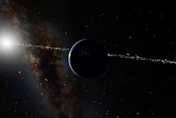 Illustration depicting Earth, center, with the Sun in the background.