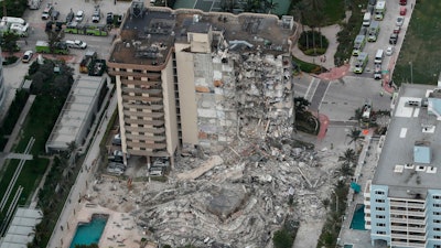 Aerial photo of the 12-story Champlain Towers South Condo after a wing of the building collapsed, June 24, 2021, Surfside, Fla.
