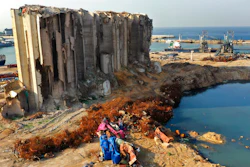 Rubble and debris around towering grain silos gutted in an August 2020 explosion, Beirut, Lebanon, Dec. 2, 2020.