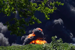 Flames and smoke are seen from an explosion at a chemical plant in Rockton, Ill., Monday, June 14, 2021.