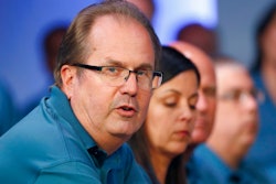 In this July 16, 2019, file photo, Gary Jones, United Auto Workers President, speaks during the opening of their contract talks with Fiat Chrysler Automobiles in Auburn Hills, Mich. Jones was sentenced to 28 months in prison for scheming to embezzle hundreds of thousands of dollars in union dues. U.S. District Judge Paul Borman in Detroit sentenced the 64-year-old Jones on Thursday, June 10, 2021.