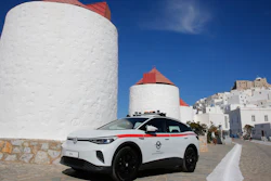 A Volkswagen ID.4 electric car of the Civil Aviation is parked on the Aegean Sea island of Astypalea, Greece during the official launch of a project to introduce and test electric vehicles and sustainable energy systems on Wednesday, June 2, 2021. The government has partnered with the German carmaker on the island project aimed a switching to electric vehicle use over the next five years.