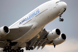 An Airbus A380 takes off for its demonstration flight at the Paris Air Show, June 18, 2015.