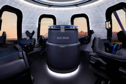 This undated photo made available by Blue Origin shows the interior of the crew capsule. When Blue Origin launches people into space for the first time, Bezos will be on board. No test pilots or flight engineers for the Tuesday, July 20, 2021 debut flight from West Texas - just Bezos, his brother, an 82-year-old aviation pioneer and a teenager.