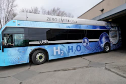 Kevin Baker, a maintenance technician, drives a hydrogen fuel cell bus out of the terminal in Canton, Ohio, March 16, 2021.