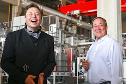 Germany's center-right candidate to replace Angela Merkel as chancellor in the upcoming elections and Christian Democratic Union chairman, Armin Laschet, right, talks to Elon Musk, Tesla CEO, during a visit at the construction side of the Tesla Gigafactory in Gruenheide near Berlin, Germany, Friday, Aug. 13, 2021. Laschest visits the factory as part of his election campaign for the upcoming national elections on Sept. 26, 2021.