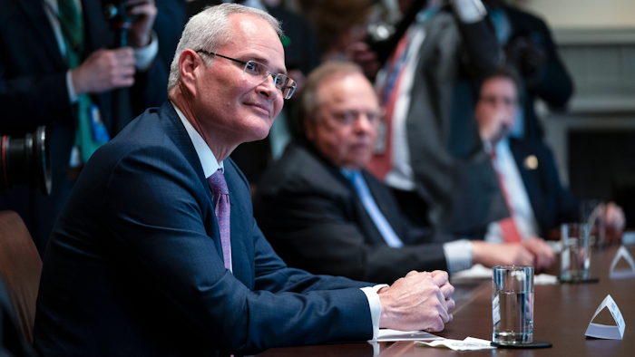 Exxon Mobil CEO Darren Woods during a meeting with energy sector leaders in the Cabinet Room of the White House, April 3, 2020.