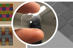 Center: glass substrate showing the colorful 3D printed sensor; left: zoomed-in optical microscopy images showing the pixelated sensor in response to different vapors; right: scanning electron microscopy image of the pixelated sensor.