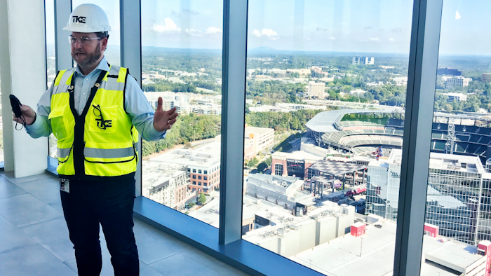 Kevin Lavallee, CEO of TK Elevators' North American operations, stands at the top of the company's new elevator testing facility outside Atlanta, Oct. 13, 2021.
