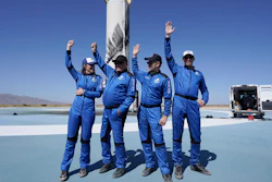 Blue Origin's New Shepard rocket passengers, from left, Audrey Powers, William Shatner, Chris Boshuizen, and Glen de Vries during a media availability at the spaceport near Van Horn, Texas, Oct. 13, 2021.