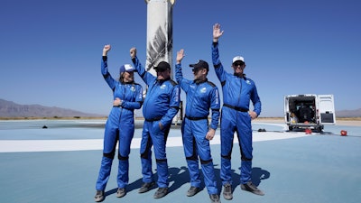 Blue Origin's New Shepard rocket passengers, from left, Audrey Powers, William Shatner, Chris Boshuizen, and Glen de Vries during a media availability at the spaceport near Van Horn, Texas, Oct. 13, 2021.