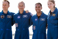 From left, European Space Agency astronaut Matthias Maurer and NASA astronauts Tom Marshburn, Raja Chari and Kayla Barron at the Kennedy Space Center in Cape Canaveral, Fla., Oct. 26, 2021.