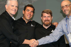 (left to right) Matt Thavis, Director of Business Development at Acme Alliance, Mauri Mendes, President of Acme Alliance-Lovejoy Industries and JR Kinnett, General Manager at Acme Alliance, receive congratulations from Harry Moser, Founder and President of the Reshoring Initiative, for winning the 2021 National Metalworking Reshoring Award.