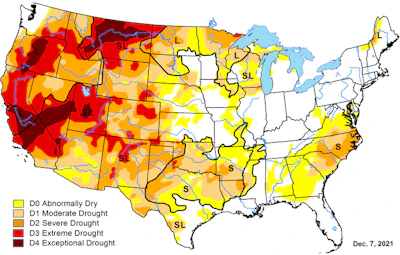 Most of California was in extreme drought or worse in early December 2021.