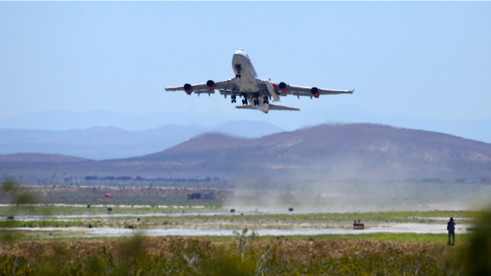 Virgin Orbit's 'Cosmic Girl' Boeing 747-400 takes off from Mojave Air and Space Port north of Los Angeles, May 25, 2020.
