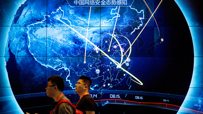 Electronic display showing recent cyberattacks in China at the China Internet Security Conference, Beijing, Sept. 12, 2017.