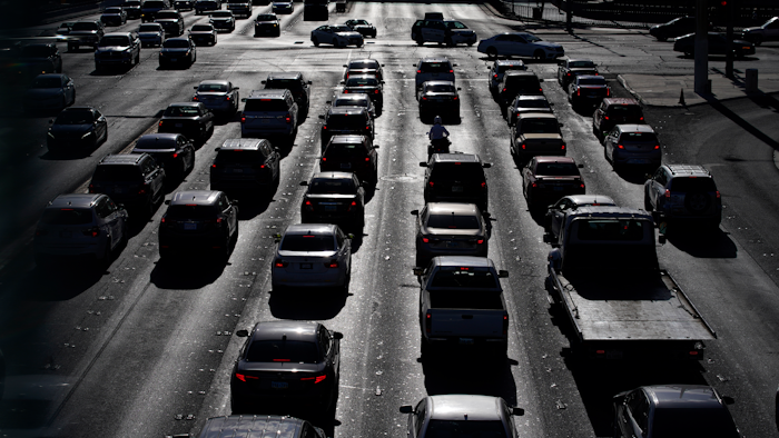 An intersection during rush hour on the Las Vegas Strip, Las Vegas, April 22, 2021.