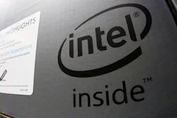 Intel logo on a box containing an HP desktop computer at a Costco in Pittsburgh, Jan. 1, 2018.