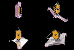 This combination of images from a computer animation depicts the unfolding of the components of the James Webb Space Telescope.