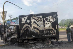 A burnt out truck after street battles between gunmen and security forces in Culiacan, Mexico, Oct. 18, 2019.