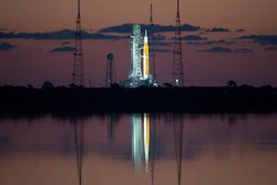 In this photo released by NASA, the Space Launch System (SLS) rocket with the Orion spacecraft aboard is seen at sunrise atop a mobile launcher at Launch Complex 39B at NASA's Kennedy Space Center in Cape Canaveral, Fla., Monday, April 4, 2022, in preparation for the Artemis I wet dress rehearsal test. Launch managers tried twice _ once Sunday and again Monday _ to load nearly 1 million gallons of fuel into the 322-foot (98-meter) rocket. Problems with fans at the launch pad thwarted the first effort, while a stuck valve halted the second attempt.