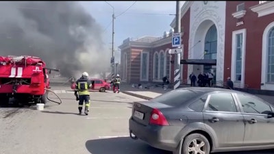 In this image from video published on Ukrainian President Volodymyr Zelenskyy's Telegram channel, a smoke rises after Russian shelling at the railway station in Kramatorsk, Ukraine, Friday, April 8, 2022.