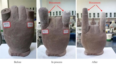 The test specimen of a Buddha hand was provided by Dazu Rock Carvings, a UNESCO World Heritage Site in China. Repair work using biocement was done at Chongqing University, China, by Dr. Yang Yang. The biocement solution is colorless, allowing restoration works to maintain the carving’s original color.