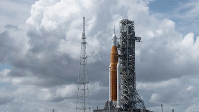 In this photo provided by NASA, NASA's Space Launch System (SLS) rocket with the Orion spacecraft aboard is seen atop the mobile launcher at Launch Pad 39B, Tuesday, Aug. 30, 2022, at NASA's Kennedy Space Center in Cape Canaveral, Fla.. NASA's Artemis I flight test is the first integrated test of the agency's deep space exploration systems.