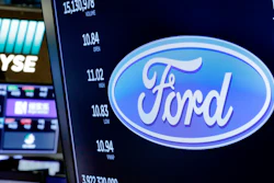The logo for Ford appears above a trading post on the floor of the New York Stock Exchange, Monday, April 23, 2018.