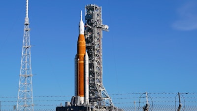 The NASA moon rocket as stands on Pad 39B for the Artemis 1 mission to orbit the Moon at the Kennedy Space Center, Tuesday, Sept. 6, 2022, in Cape Canaveral, Fla.