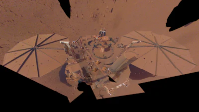 This image provided by NASA shows the InSight Mars lander in a selfie photo composite on April 24, 2022, the 1,211th Martian day, or sol, of the mission. The lander's solar panels have become covered with dust since the lander touched down on Mars in November 2018, which has led to a gradual decline in its power level. On Thursday, Oct. 27, 2022, NASA announced two of their spacecraft, one on the surface and the other in orbit,. have recorded the biggest meteor strikes and impact craters yet.