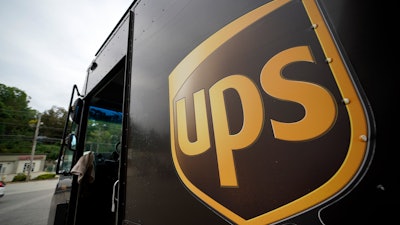 The UPS logo is displayed on the side of a delivery truck in Mount Lebanon, Pa., Sept. 21, 2021.