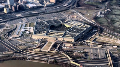 The Pentagon is seen in this aerial view made through an airplane window in Washington, Jan. 26, 2020.
