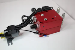 With the submerged HPU, the distributor can purchase a single SKU item to hold in inventory and then the needed manifolds, like this Double-Single manifold from KTI Hydraulics.