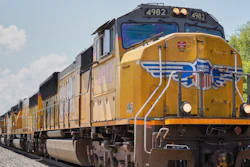 A Union Pacific train travels through Union, Neb., July 31, 2018.