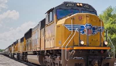 A Union Pacific train travels through Union, Neb., July 31, 2018.