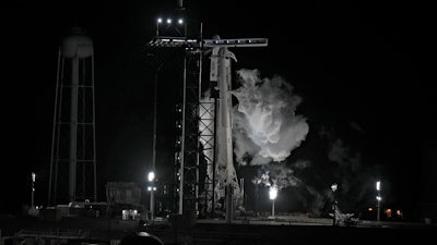 Fuel vents from a SpaceX Falcon 9 rocket as she sits on Launch Complex 39-A Monday, Feb. 27, 2023, after the launch was scrubbed at the Kennedy Space Center in Cape Canaveral, Fla.