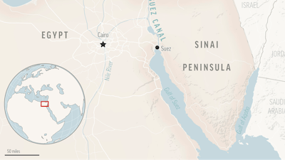 This is a locator map for the Suez Canal and the Sinai Peninsula in Egypt, with its capital, Cairo.