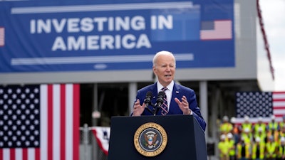 President Joe Biden speaks about jobs during a visit to semiconductor manufacturer Wolfspeed Inc., in Durham, N.C., Tuesday, March 28, 2023.