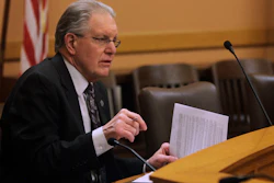 State Sen. Mike Thompson, R-Shawnee, speaks to fellow GOP senators during a caucus meeting Thursday, April 6, 2023, at the Statehouse in Topeka, Kan.