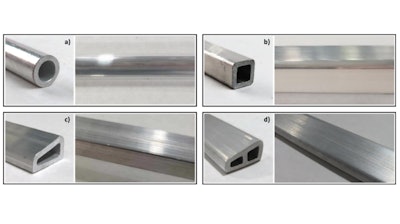 Extrusions made from AA6063 industrial scrap by ShAPE producing (a) circular, (b) square, (c) trapezoidal, and (d) two-cell trapezoidal profiles.